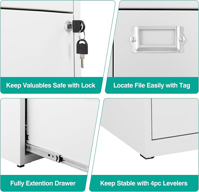 SISESOL 2 Drawer File Cabinet with Lock,Narrow Vertical Filing Cabinet,Under Desk File Cabinets,White Metal File Cabinets for Home Office,Fit Letter/A4/Legal Size File,Easy Assembly