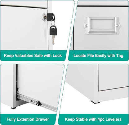 SISESOL 2 Drawer File Cabinet with Lock,Narrow Vertical Filing Cabinet,Under Desk File Cabinets,White Metal File Cabinets for Home Office,Fit Letter/A4/Legal Size File,Easy Assembly