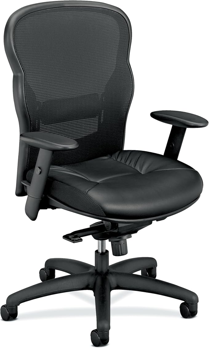 HON Wave High Back Ergonomic Office Chair with Leather Seat and Breathable Mesh Back, Adjustable Arms, Synchro‑Tilt Recline and Swivel Wheels for Desk and Computer Use, Black
