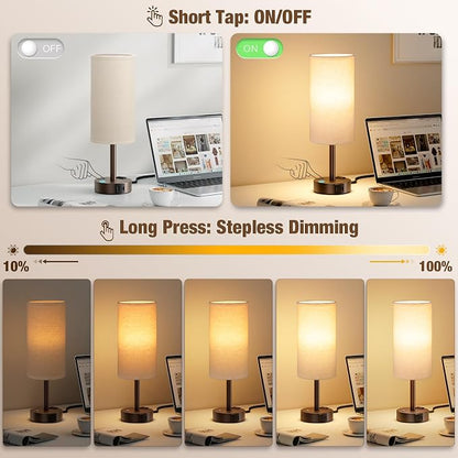 Touch Bedside Table Lamp with Memory - Stepless Dimmable Lamp for Bedroom, Small Nightstand Lamp with Dual USB Charging Ports and AC Outlet, Wood Night Light, Desk Lamp for Nursery (Beige & Brown)