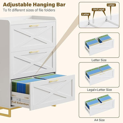 Halitaa File Cabinet 3 Drawers Lateral File Cabinet with Charging Station for Letter/Legal/A4 Size Hanging Files, Large Wood File Storage Cabinets Printer Stand for Home Office, White and Gold