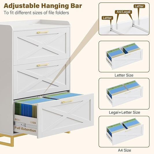 Halitaa File Cabinet 3 Drawers Lateral File Cabinet with Charging Station for Letter/Legal/A4 Size Hanging Files, Large Wood File Storage Cabinets Printer Stand for Home Office, White and Gold