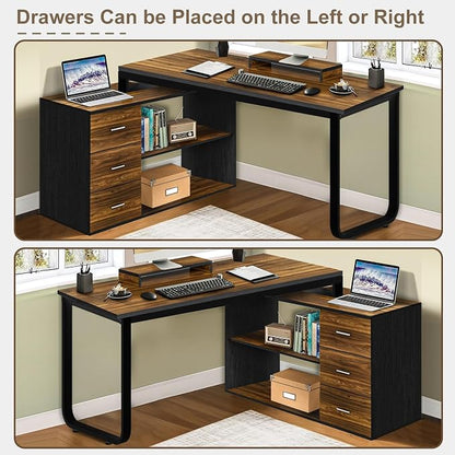 MaverickFurni 55" L Shaped Desk with Drawers and Shelves, Home Office Desk with Monitor Stand for Work Writing Study, Reversible Corner Desk with Storage, Black