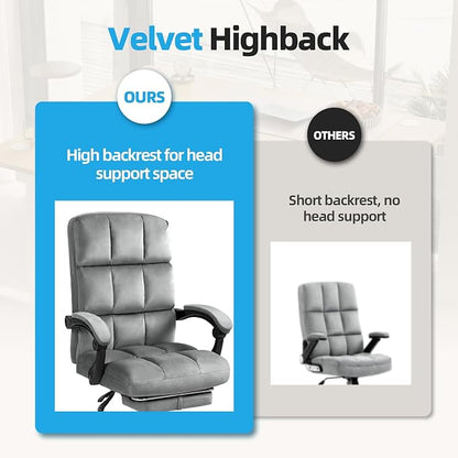 ECOTOUGE Velvet Executive Office Chair with Footrest, Ergonomic Comfy Desk Chair, High Back Computer Chair with Adjustable Tilt Angle, Grey
