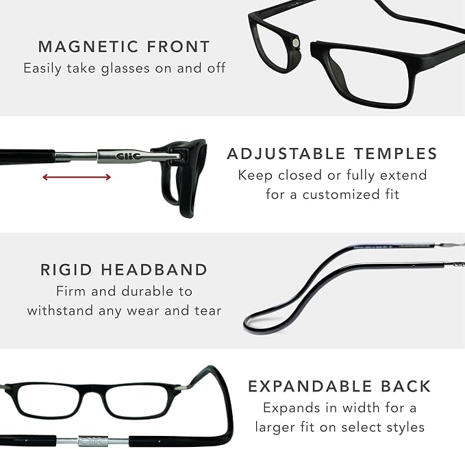 Clic Magnetic Reading Glasses for Men or Women, Computer Readers, Original Expandable (M-XL, Dark Demi, 2.00 Magnification)