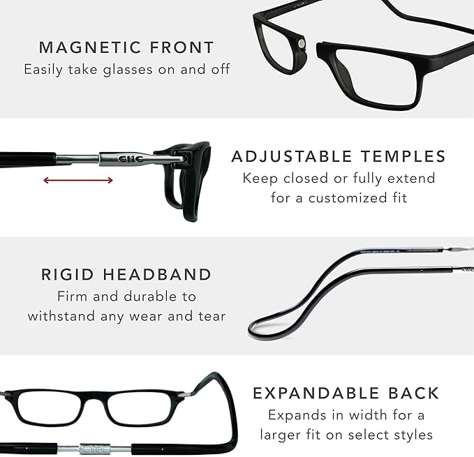 Clic Magnetic Reading Glasses - Adjustable Neck Hanging Readers - Secure Fit with Rigid Headband - Original Expandable (M-XL, Dark Matte Blue, 2.25)
