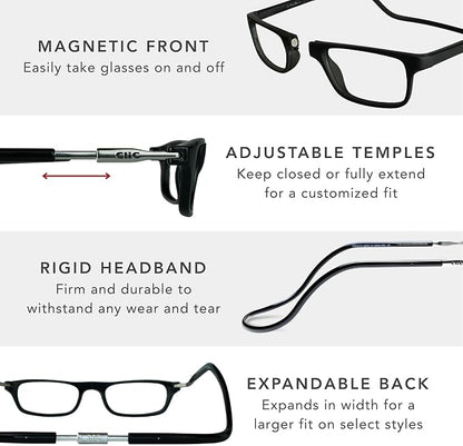 Clic Magnetic Reading Glasses - Adjustable Neck Hanging Readers - Secure Fit with Rigid Headband - Original Expandable (M-XL, Jean Blue, 1.75)