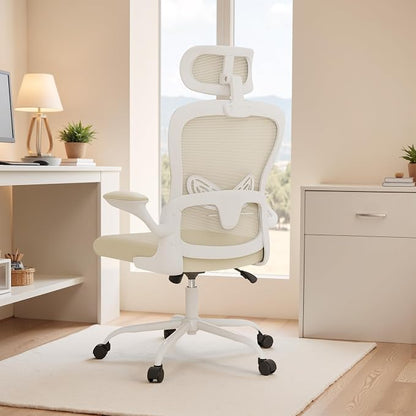 Homall Ergonomic Office Computer Chair，Computer Desk Chair with 3D Headrest Adjustable Lumbar Support，High Back Mesh Chair with Wheels for Office and Working from Home (Beige)