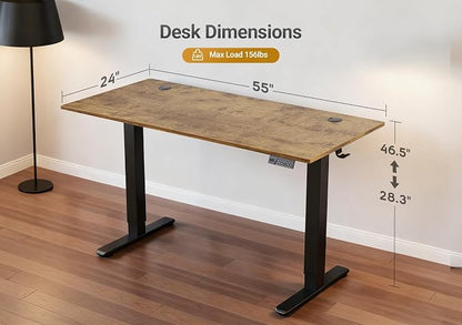 YDN Electric Standing Desk Adjustable Height, 55 x 24 Inches Sit Stand up Desk with Memory Presets & Cable Management, Home Office Desk for Office & Computer Workstation, Black Frame/Rustic Brown Top