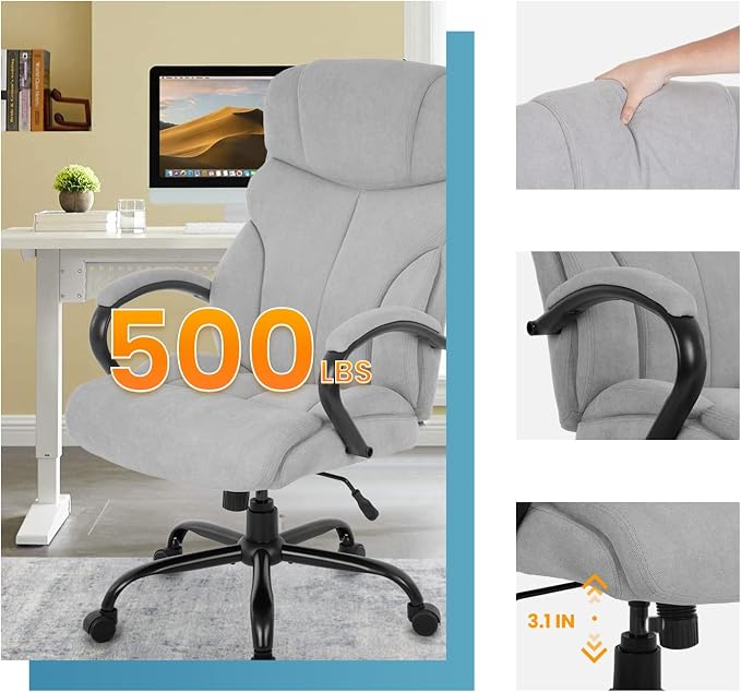Office Chair Big and Tall 500lbs Wide Seat Desk Chair with Lumbar Support Arms High Back PU Leather Executive Task Ergonomic Computer Chair for Back Pain (Grey)