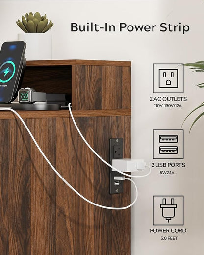 EYYTHUNG Brown Fluted Executive Desk with Storage Shelf & File Drawer, 55" Modern Wood Office Desk with Monitor Stand & Charging Station, Home Writing Computer Table for Work Study