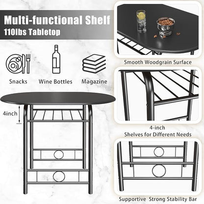 JUMMICO 3-Piece Wooden Round Table & Chair Set, Space Saving Kitchen Breakfast Nook Wood Grain Tabletop with Metal Frame and Built-in Wine Rack for Kitchen, Dining Room (Black)