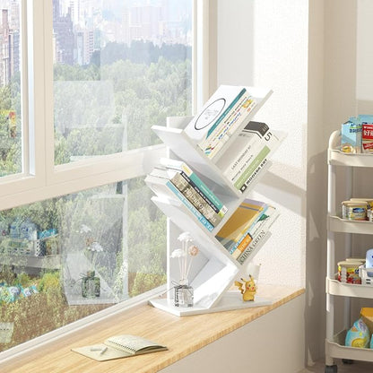SHEEPAM 5 Tier Tree Book Shelf, Small Desktop Bookshelf with Storage Organizer, Wood Bookcase, Desk Display Bookshelves, Floor Standing Organizer Bookcases for Living Room,Bedroom,Office-White