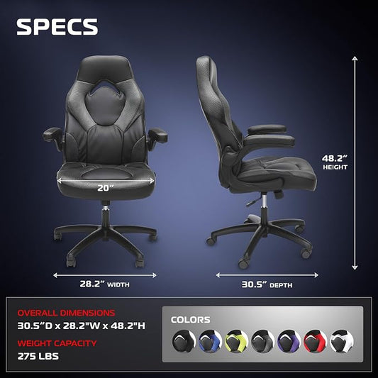 RESPAWN 3085 Ergonomic Gaming Chair for Adults, High Back Office Chair with Headrest and Flip Up Arms, Leather Racing Style Gaming Seat with Lumbar Support, Video Game Computer Desk Seat - Gray