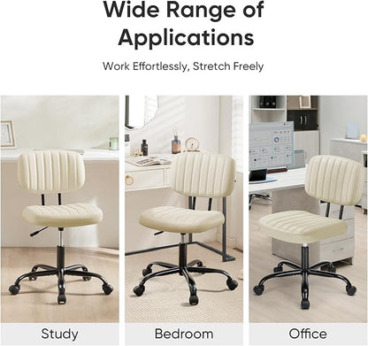 DUMOS Small Office Desk Chair - Armless PU Leather with Comfy Lumbar Support, Height Adjustable Rolling Swivel Task for No Arms, for Adult, Student, Bedroom, Home, Vanity, Beige White