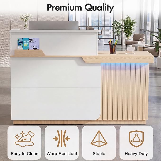 Kikihouse Modern Reception Desk with LED, 63” Fluted Front Desk with Lockable Drawer, Cabinet and Sliding Tray, Large Reception Counter Table for Office Lobby Nail Salon Clinic (Maple)