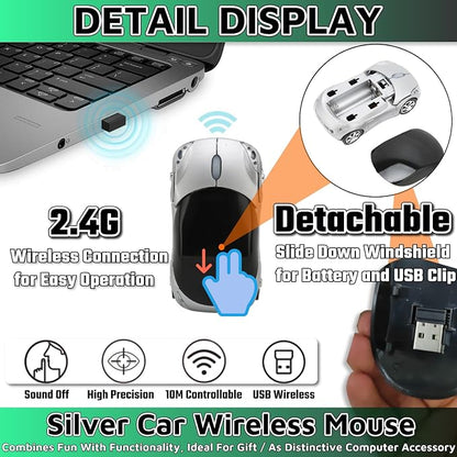 HuGuWdy Silver Car Mouse，2.4G with USB Reciver 1600DPI Computer Mice Wireless for Computer Wireless Computer Mouse for Laptop Tablet for Windows Mac OS（Silver）