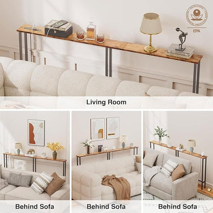Keelian 78" Narrow Console Sofa Table with Power Outlets & 2 USB Ports, Metal Frame, Rustic Brown, Perfect for Hallway, Office, and Behind Sofa - Easy Assembly, 4.9' Extension Cord Included