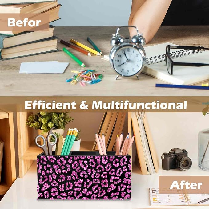 DILSJ Pink Cheetah Print Office Supplies Pen Pencil Holder Organizer for Desk, Coquette Room Decor, Preppy Leopard Black Wooden Box Signs for Women Home Office Desk Tabletop Decoration