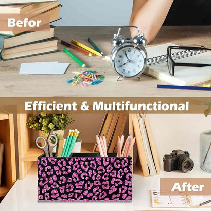 DILSJ Pink Cheetah Print Office Supplies Pen Pencil Holder Organizer for Desk, Coquette Room Decor, Preppy Leopard Black Wooden Box Signs for Women Home Office Desk Tabletop Decoration
