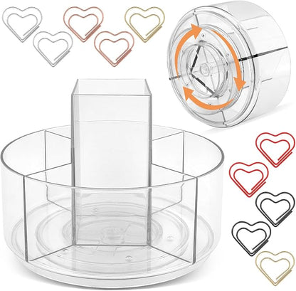 HONUTIGE Acrylic Desk Organizer Clear, 360 Degree Rotating Pen Organizer Large Pen Holder with Mini Paper Clips Stationery Supplies Marker Holder Art Supply Storage Organizer 5 Compartments