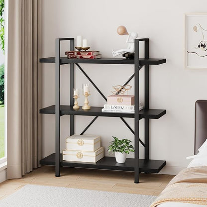 HSH 3 Tier Black Bookshelf, Industrial Small Metal Wooden Storage Book Shelves, Modern Open Low 3 Shelf Bookcase and Display Etagere, Vertical Book Shelf for Bedroom Living Room Office, Black Oak