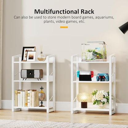 Hosfais Book Shelf Small Bookshelf - 3-Tier Wood Bookcase Industrial Bookshelf Metal Narrow Bookcase Storage Organizer Display Rack for Bedroom Living Room Home Office (White)