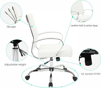 LeisureMod Benmar Leather Office Desk Chair, Mid-Back Ergonomic Swivel Chair with Lumbar Support, Adjustable Height, Tilt Lock, Cushioned Seat & Back, Home Office Task Chair (White, Single)
