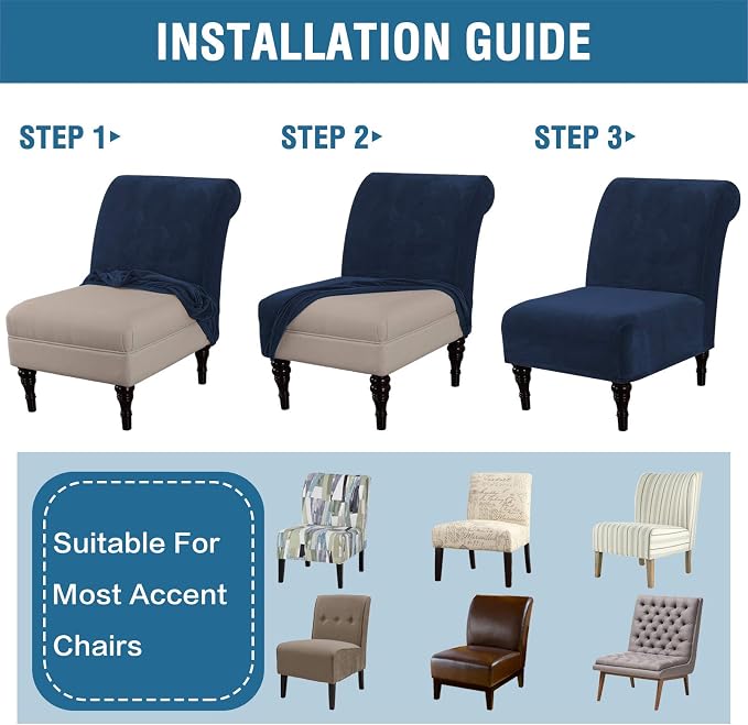 H.VERSAILTEX Armless Accent Chair Covers Thick Velvet Armless Chair Slipcovers High Stretch Chair Covers for Living Room Hotel Machine Washable Furniture Protector with Elastic Bottom, Navy