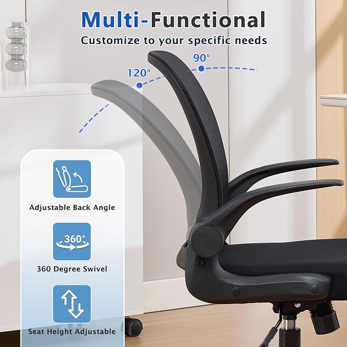 IPKIG Foldable Office Chair for Small Spaces | Home Office Folding Desk Chairs with Wheels and Flip Up Arms | Ergonomic Mesh Computer Chair for Adults & Kids(2PCS Black)