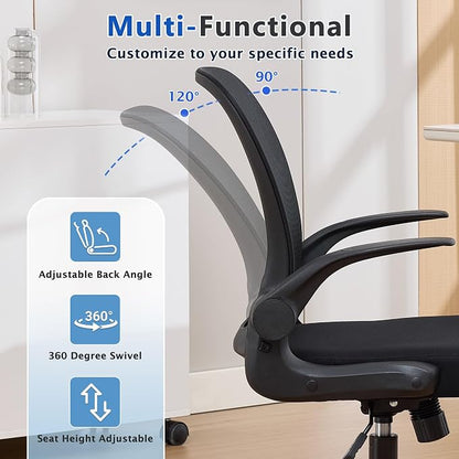 IPKIG Foldable Office Chair for Small Spaces | Home Office Folding Desk Chairs with Wheels and Flip Up Arms | Ergonomic Mesh Computer Chair for Adults & Kids Black