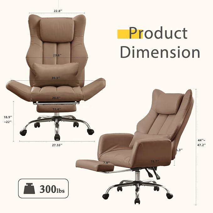 Ergonomic Cross Legged Office Chair with Footrest,Leather Big and Tall Executive Chair with Lumbar Pillow,Reversible Armrest for Pets,155° Reclining Computer Wide Desk Chair for Home,Office, Brown