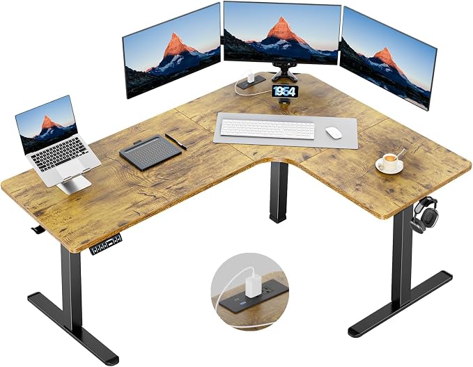 HUANUO 63″ L-Shaped Standing Desk, Built-in Power Outlets, Vintage Brown | Smooth Electric Height Adjustment, 3 Memory Presets, Sturdy Steel Frame, 220 lbs Capacity, Large Power Strip Holder