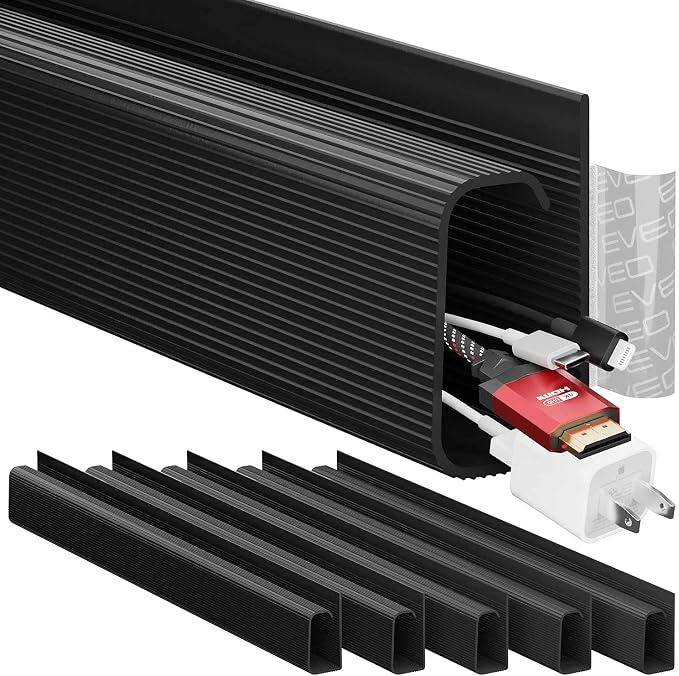 EVEO Cable Management Under Desk Kit (6 Units) - Under Desk Cable Management Cord Hider, Cable Hider Cord Management, Cable Organizer, Cable Raceway | Self-Adhesive 96'' J Channel 6X16 - Black