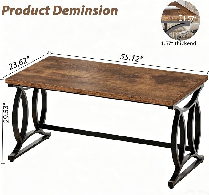 HSH Rustic Home Office Desk, 55 Inch Metal Wood Computer Desk, Simple Industrial Study Executive Desk for Work Writing, Modern Student Gaming Computer PC Table Bedroom, Rustic Brown