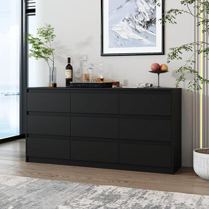 Home Office Cabinet with 9 Storage Units, 63” Lateral File Cabinet with No Handle Drawers, Wide Storage Cabinet, Black, 15.7”D x 63”W x 31.5”H
