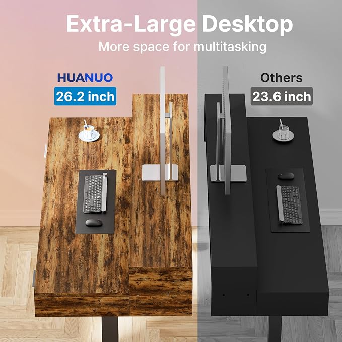 HUANUO 55″ x 26″ Electric Standing Desk with 2 Drawers &24.4″ Large Keyboard Tray, C-Clamp Mount Compatible, Adjustable Computer Desk for Office, Sit Stand Up Desk with 4 Height Presets, Vintage Brown