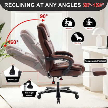 500lbs Reclining Office Desk Chair with Footrest, Managerial Executive Chair Lounge Chair for Office, Plus Size Brown Leather Recliner Office Chairs