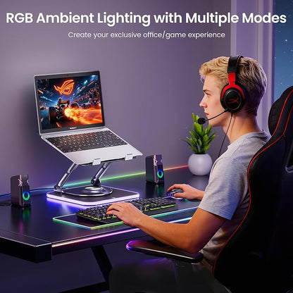 JOYEKY Adjustable Laptop Stand with RGB Lighting,Aluminum Ergonomic Computer Stand with 360° Rotating Base,Foldable & Portable Laptop Riser, Suitable for All 10-16” Laptops (Grey)