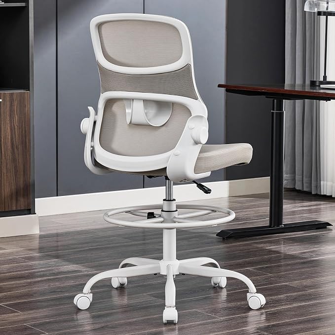 Drafting Chair Armless, Tall Office Chair with Adjustable Foot Ring and Lumbar Support, Ergonomic Mesh High Desk Chair for Standing Desk, Apricot