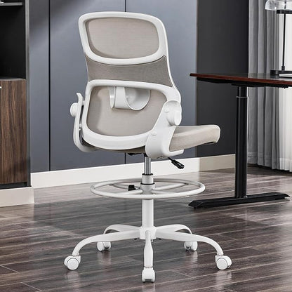 Drafting Chair Armless, Tall Office Chair with Adjustable Foot Ring and Lumbar Support, Ergonomic Mesh High Desk Chair for Standing Desk, Apricot