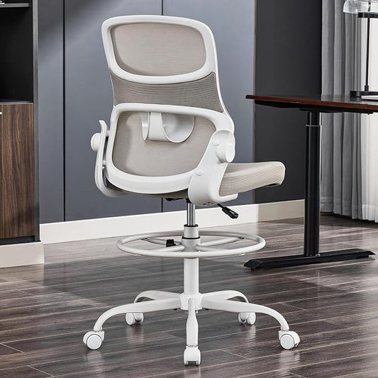 Drafting Chair Armless, Tall Office Chair with Adjustable Foot Ring and Lumbar Support, Ergonomic Mesh High Desk Chair for Standing Desk, Apricot
