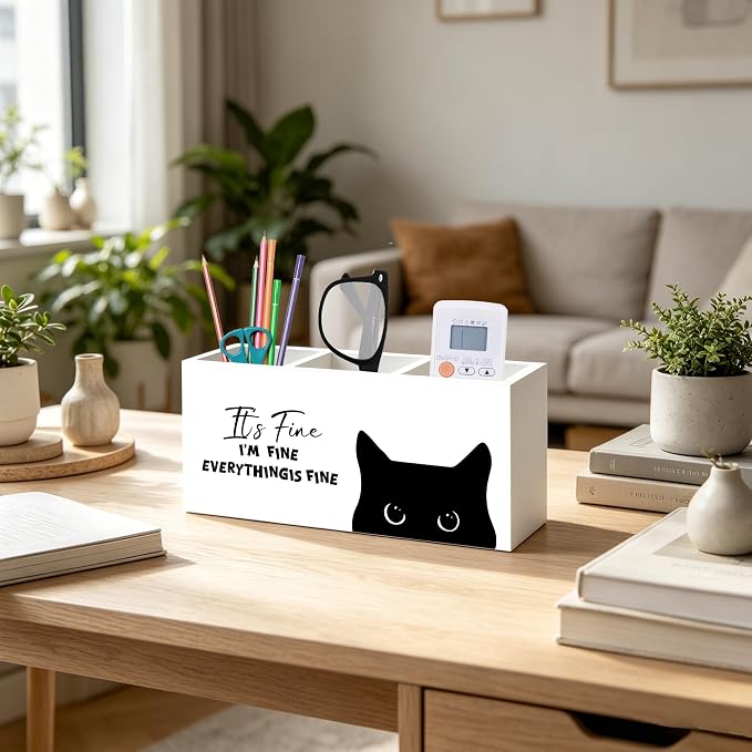 Funny Sarcastic Black Cat Pen Pencil Holder Organizer for Office Desk Accessories, Funny Office Gifts for Coworkers, It's Fine I'm Fine Everything Is Fine Wood Signs for Desk Tabletop Decor