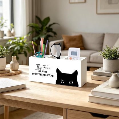 Funny Sarcastic Black Cat Pen Pencil Holder Organizer for Office Desk Accessories, Funny Office Gifts for Coworkers, It's Fine I'm Fine Everything Is Fine Wood Signs for Desk Tabletop Decor