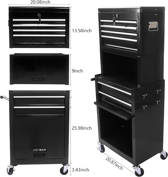 RYH 6 Drawers Rolling Tool Chest & Tool Box on Wheels | Heavy Duty Metal Cart with Ball Bearing Drawers | Fits US General Tool Box for Garage Storage (Black, 6 Drawers 3 in 1/51.99" H × 20.87" W)