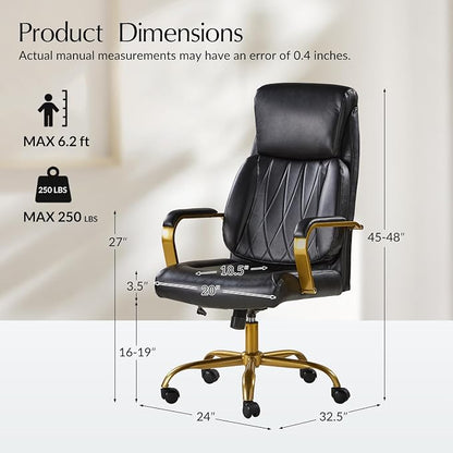 HULALA HOME Executive Office Chair with Adjustable Lumbar Support, Leather Ergonomic Office Chair with Padded Armrests, Tilt and High Back, White and Gold, Black