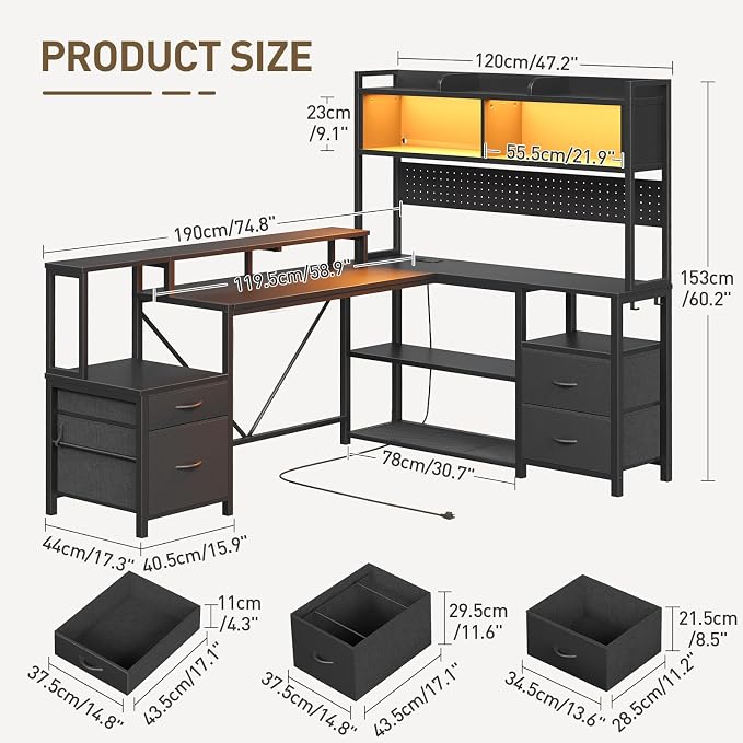 RALGEND 75" L Shaped Gaming Desk with Drawers, Computer Corner Desk with Storage Shelves for Home Office, Gaming Desk with Monitor Stand, Hutch, LED Light & Power Outlet, Black