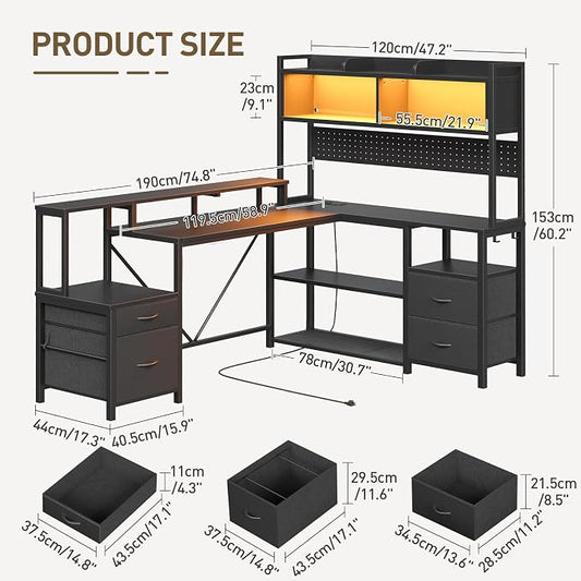 RALGEND 75" L Shaped Gaming Desk with Drawers, Computer Corner Desk with Storage Shelves for Home Office, Gaming Desk with Monitor Stand, Hutch, LED Light & Power Outlet, Black