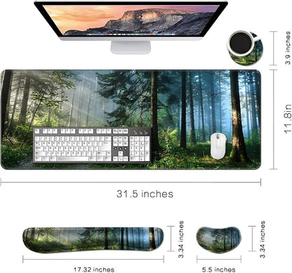 MIBITRI Keyboard Mouse Pad Set, Extended Gaming Mouse Pad+Ergonomics Keyboard Wrist Rest Support, Memory Foam, Easy Typing Pain Relief, 3Pcs XXL Ultra Thick Desk Mat, Forest in The Morning