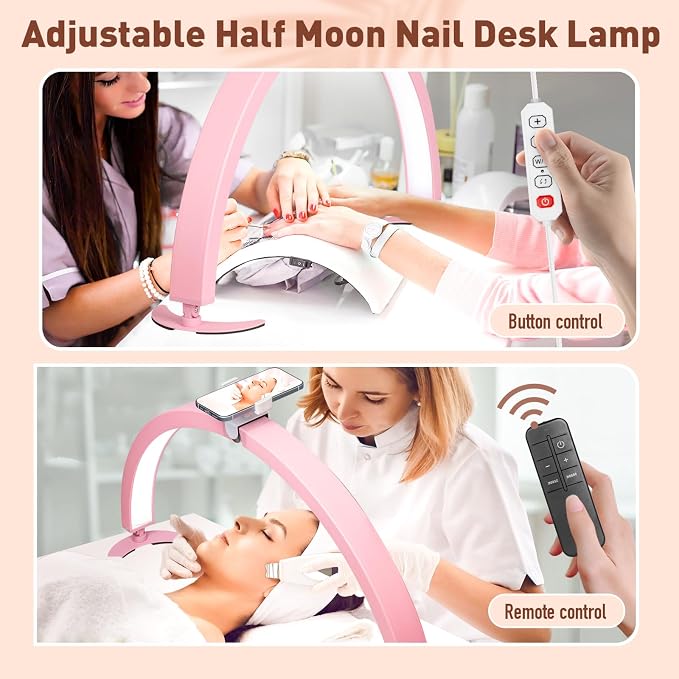 HITTI Super Large 31in Half Moon Light for Nail Desk, Foldable Arch Light for Nail Tech Lamp with Phone Stand, LED Table Lamp for Manicure, Handicraft, Art, Eyelash Extension, Painting- Gold